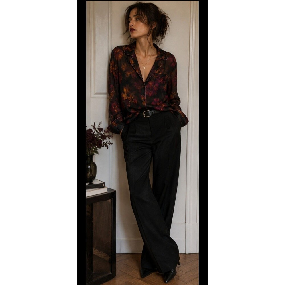 Women’s Burgundy Floral Button Front Blouse Size M Long Sleeve Sheer Top
